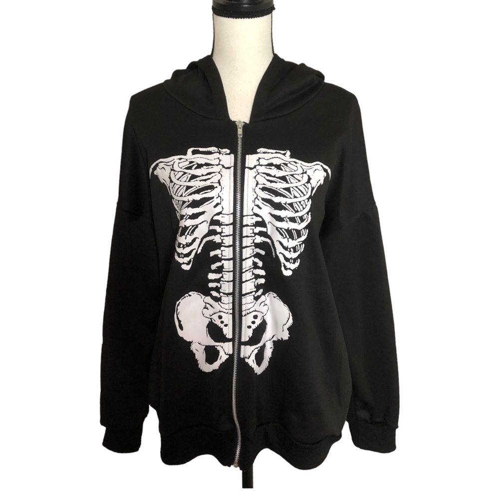 NWOT Romwe black skeleton full zip   hoodie Sz S